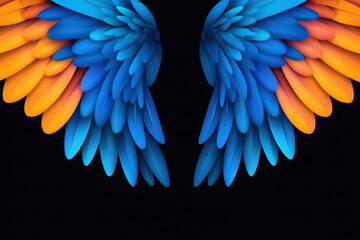 Obraz premium Vibrant blue and orange wings create stunning visual contrast against dark background, evoking sense of freedom and creativity. intricate design showcases blend of colors and shapes