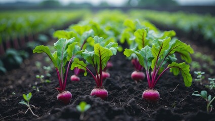 Young beet shoots in a garden row during morning farm hours