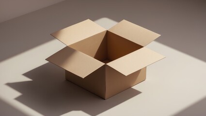Isometric view of an open brown cardboard box on a white background for business packaging design