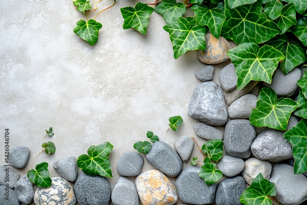 Poster green ivy leaves and smooth stones create a natural border on a light gray background in a serene in
