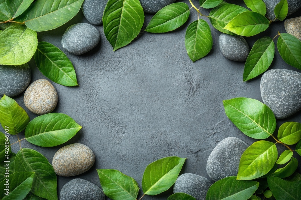 Poster Natural stones and green leaves create a calming frame on a gray surface in a peaceful setting