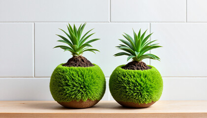Fototapeta premium Twin composition featuring two kokedama moss balls with sprouts, arranged symmetrically on a light wooden shelf with a white tiled wall background