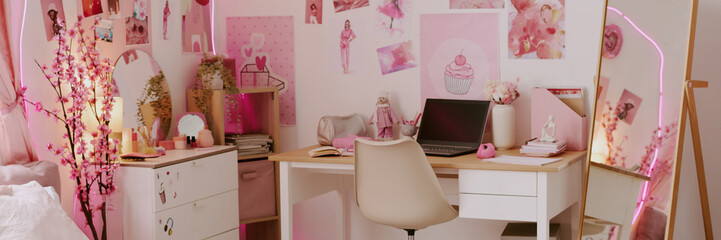 Website banner of room for teen girl with doll vibe, workspace made in pink color and decorated...