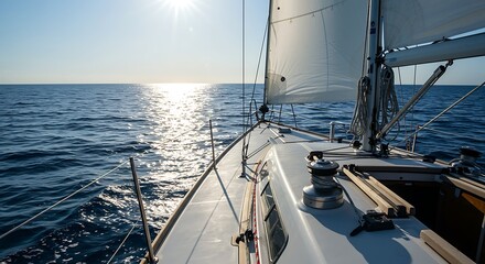 Obraz premium Sailboat Gliding on Sparkling Ocean: Sunlight Reflecting on Waves, Focused Deck View, Calm Waters, Vacation Destination, Peaceful Sailing Experience in the Bright Light