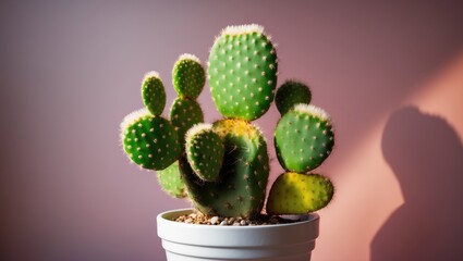 Isolated Opuntia microdasys cactus with white flowers in a natural garden setting