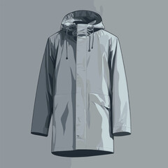 Stylish gray winter coat with hood displayed on neutral background