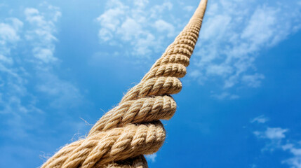 thick, natural fiber rope stretches upward against bright blue sky, showcasing its twisted texture and strength. vibrant clouds add depth to serene atmosphere