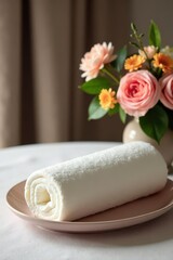 Soft towel roll, floral centerpiece, elegant tray , table, photography, home decor