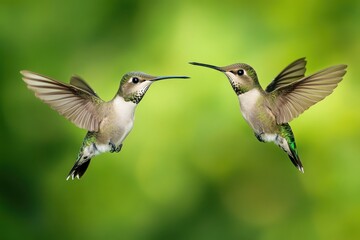 Fototapeta premium Two small hummingbirds flying with spread wings on display