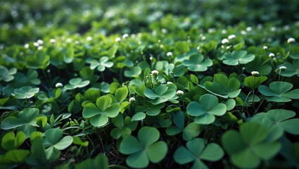 A lush green background featuring textured clover leaves