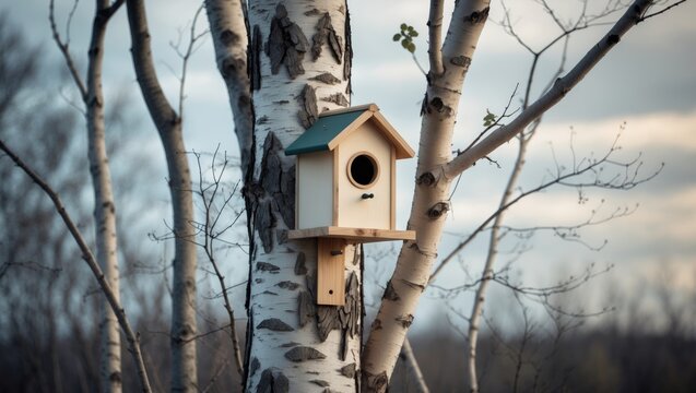 Wooden bird's nest attached to a tree for nesting