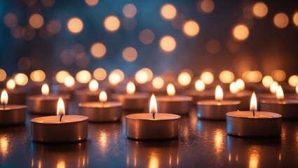 Bokeh effect panoramic banner featuring candles with flames on a shiny background