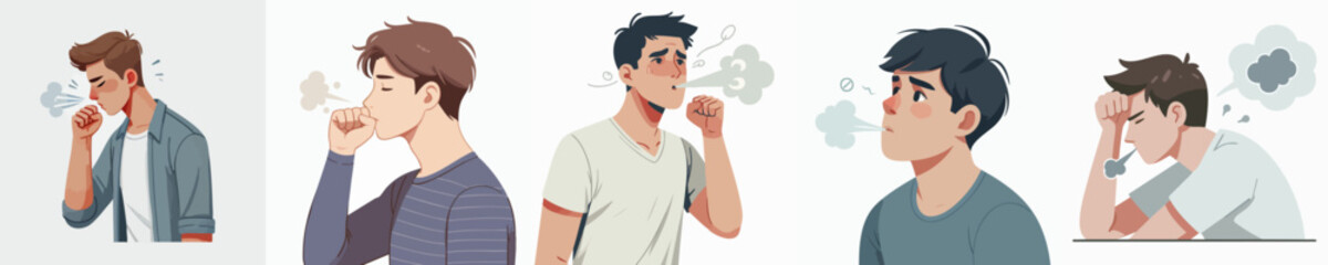 vector set of people exhaling heavily and being tired
