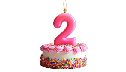 Second Birthday Celebration Cake with Pink Frosting and Candle in Number '2' Shape
