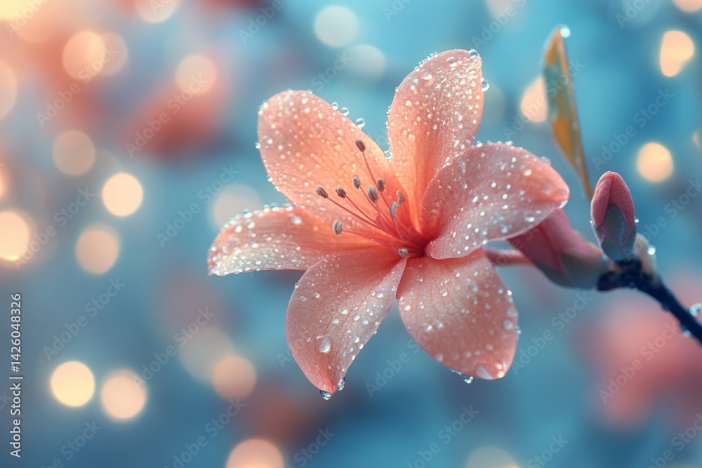 Poster delicate pink flower covered in droplets shines against a softly blurred background in a tranquil ga