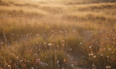 Sun-drenched field, dried grasses, wildflowers, muted tones, soft light, beige, backdrop