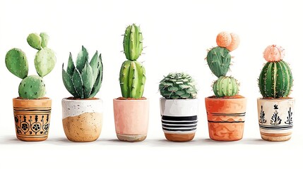 Fototapeta premium A vibrant row of potted cacti, showcasing diverse species and unique terracotta pots. A tranquil desert-inspired scene.