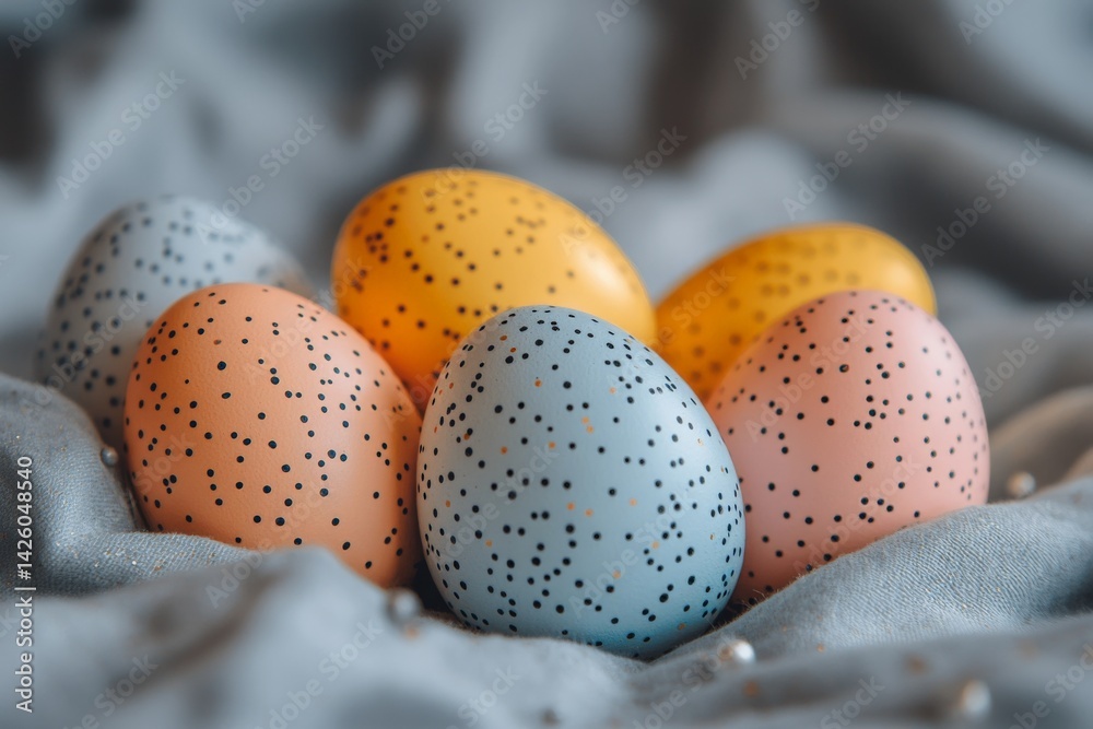 Poster colorful speckled eggs arranged on soft fabric create a charming spring decor setting in natural lig