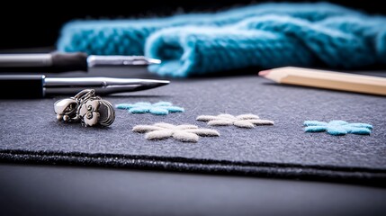 Desk setup with writing instruments, snowflake-shaped embellishments, and cozy scarf