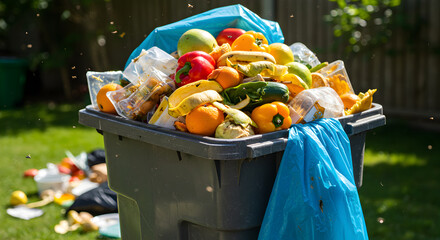 Overflowing Trash Can Full Of Spoiled Food And Organic Waste Outdoor