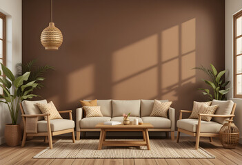 A cozy home interior featuring wooden furniture on a warm brown background, empty wall mockup for artwork or design, Soft light from the window. 3D render. 