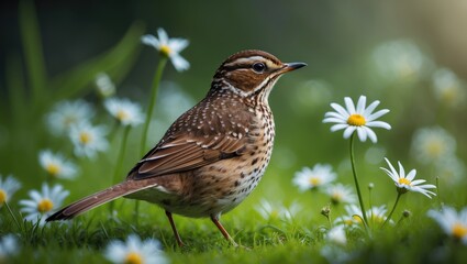 Detailed close-up of a proud speckled Thrush amidst daisies