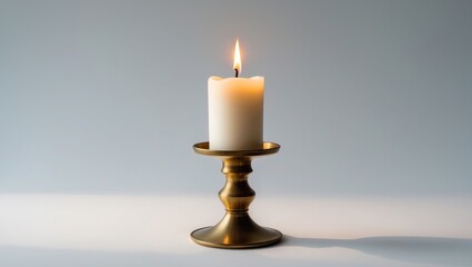 Lit candle in a candlestick on a white background