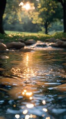 Fototapeta premium Tranquil river reflecting soft sunlight, a serene natural moment. Minimalism in nature's simplicity and calm.
