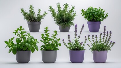 Fototapeta premium Fresh potted herbs including rosemary, oregano, sage, lavender, and thyme arranged creatively on a background for healthy eating and medicinal use.