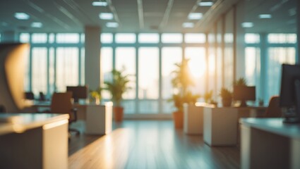 Modern office building interior with blurred background and spacious open hall