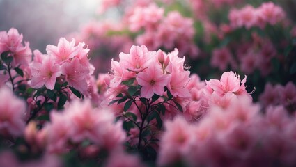 Fototapeta premium Stunning pink flower panorama with close-up view of blooming bushes