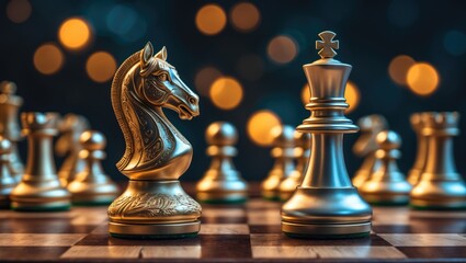 Chess pieces arranged on a board with a background emphasizing business and strategy themes
