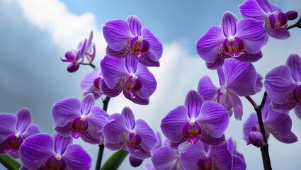 Obraz premium A colorful purple orchid blossom photographed against the sky outdoors, emphasizing the flower's beauty, vibrant color, and petal structure.