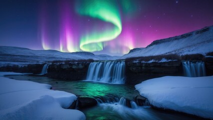 A breathtaking glowing aurora resembling a phoenix bird appears over a winter waterfall landscape