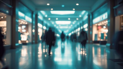 Abstract urban shopping corridor with bright lighting and reflective flooring