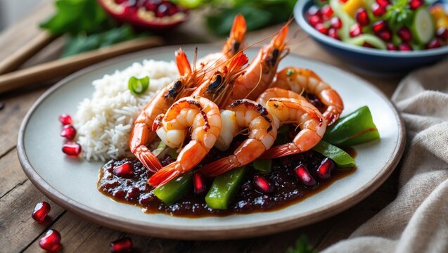Traditional Goan Prawn Balchao served with rice and fresh vegetable salad with pomegranate seeds at a Calangute beach restaurant in Goa, India