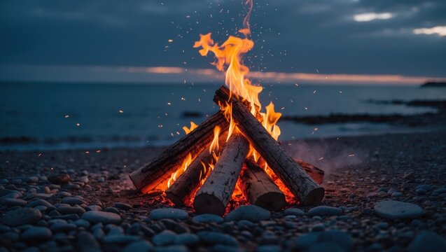 Beach bonfire illuminated by sunset at summer's end