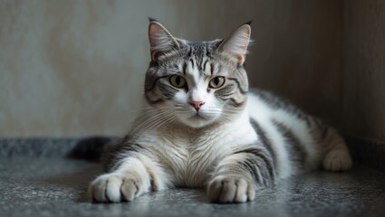 Adorable white and gray kitten sitting close up