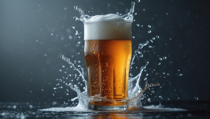 A chilled beer glass with a splash