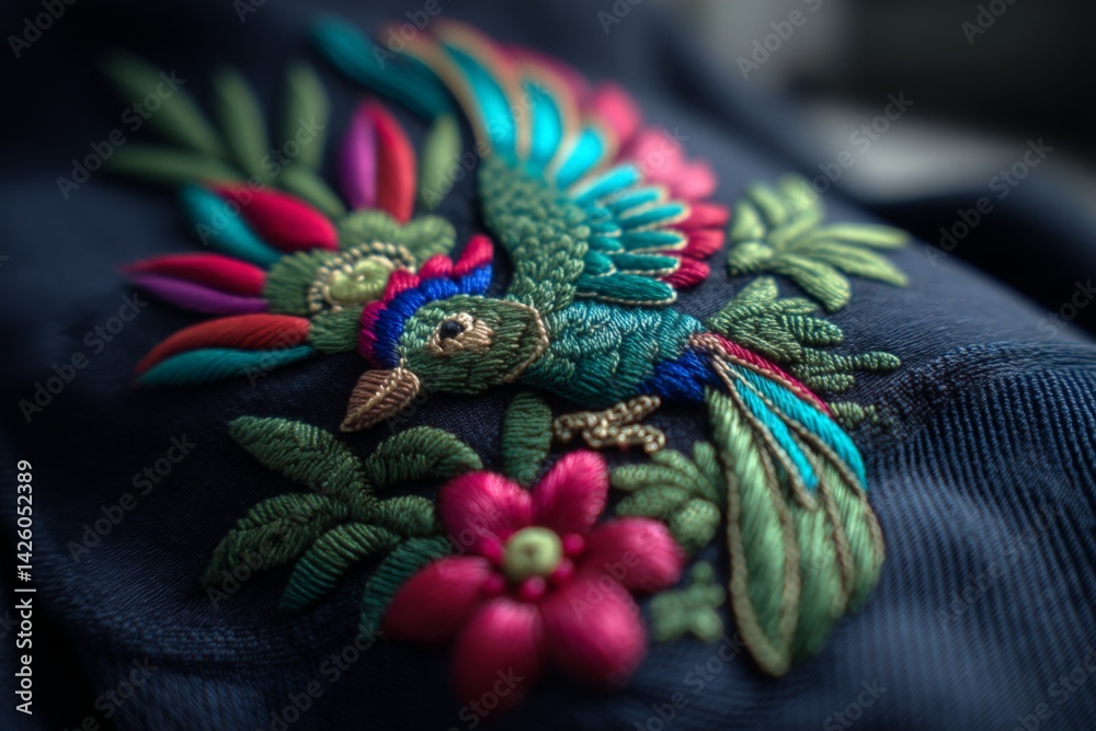 Poster vivid embroidered design featuring a colorful bird and floral patterns on dark fabric