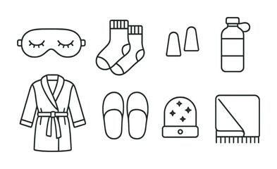 Cozy home essentials: linear icon set featuring relaxing and sleep accessories