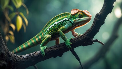 Fototapeta premium Colorful chameleon image on a branch in a tropical forest scene, awaiting prey