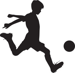Boy Kicking Football Silhouette Vector – Editable Sport Icon on White Background. A dynamic silhouette vector of a young boy kicking a football. Perfect for sports-themed designs.