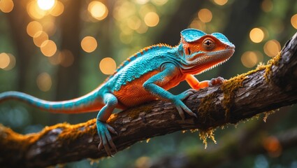 Wildlife scene featuring an orange chameleon lizard on a tree in Indian forest environment