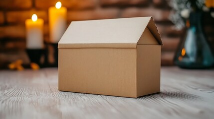 A simple cardboard house model placed on a wooden surface with candles and a vase in the background