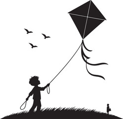 Child Flying a Kite Silhouette Vector – Editable Outdoor Scene on White Background.A beautiful silhouette vector of a child flying a kite in an outdoor scene. 