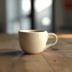 Fototapeta premium A simple white coffee cup resting on a rustic wooden table in a cozy caf? setting