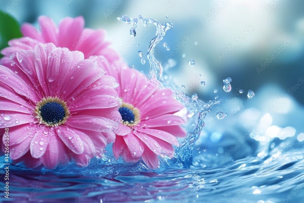 Poster Vibrant pink flowers splashing in clear water create a refreshing natural display in a serene setting