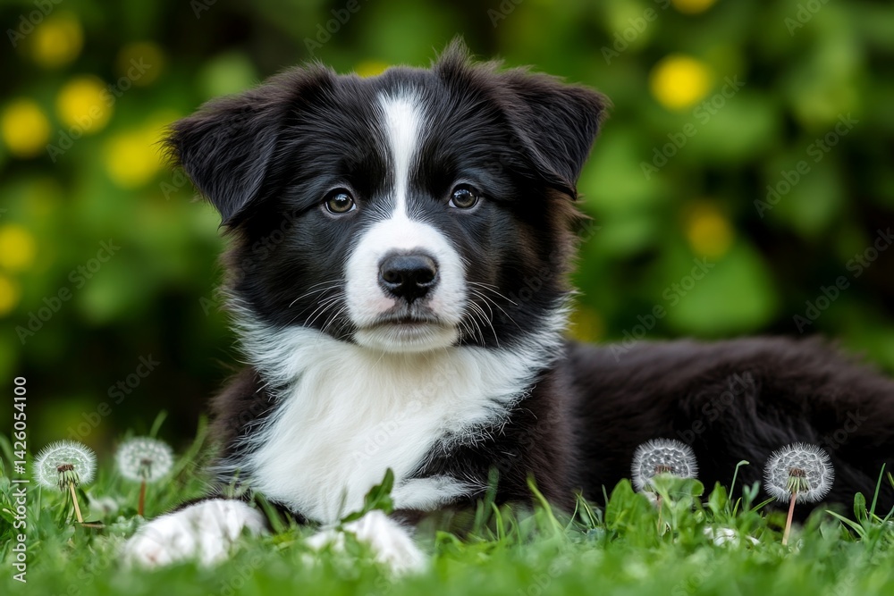 Poster a black and white border collie puppy lying in the grass, surrounded by dandelions with a blurred ba