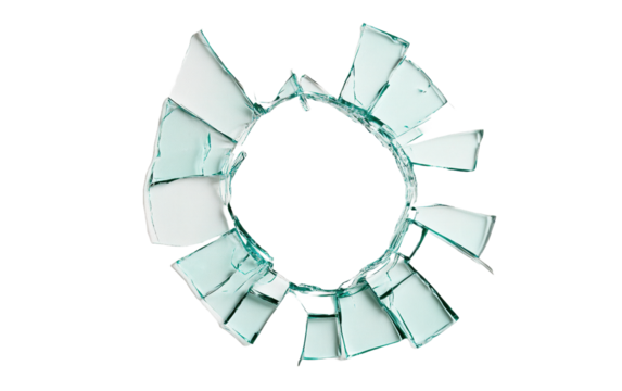 Broken glass circle with a hole in the middle on transparent or white background